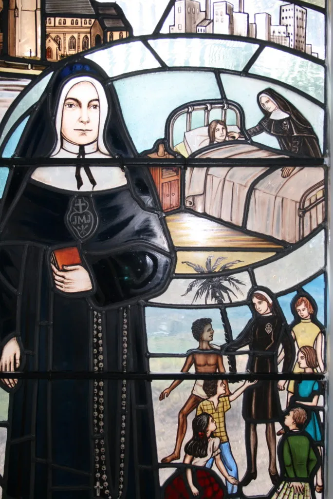 Photo of Elizabeth Prout in stained glass window.