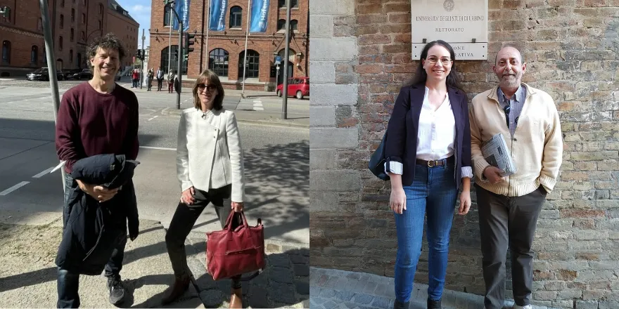 Split screen picture. Left side is a male and female standing on sunny street. Right is female and male standing against brick wall outside.