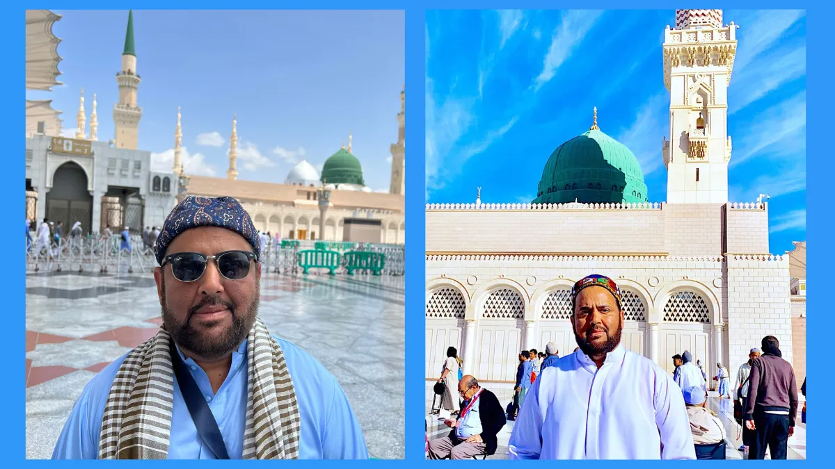 A collage of two photos showing a man in front of a mosque..