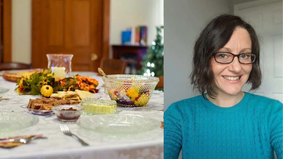 An image of a table prepared for Passover with bread and jam, next to an image of a woman with dark hair, glasses and a blue jumper.