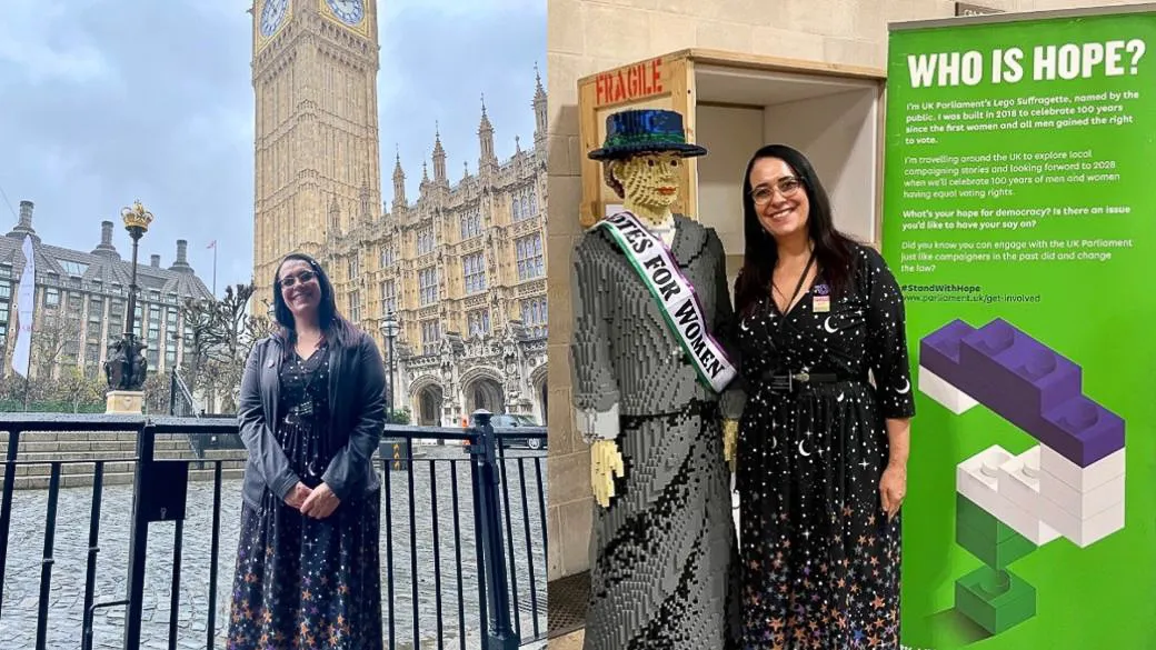 Collage of a woman posing in front of the Big Ben on the left and the same woman posing with a votes for women statue at an event..