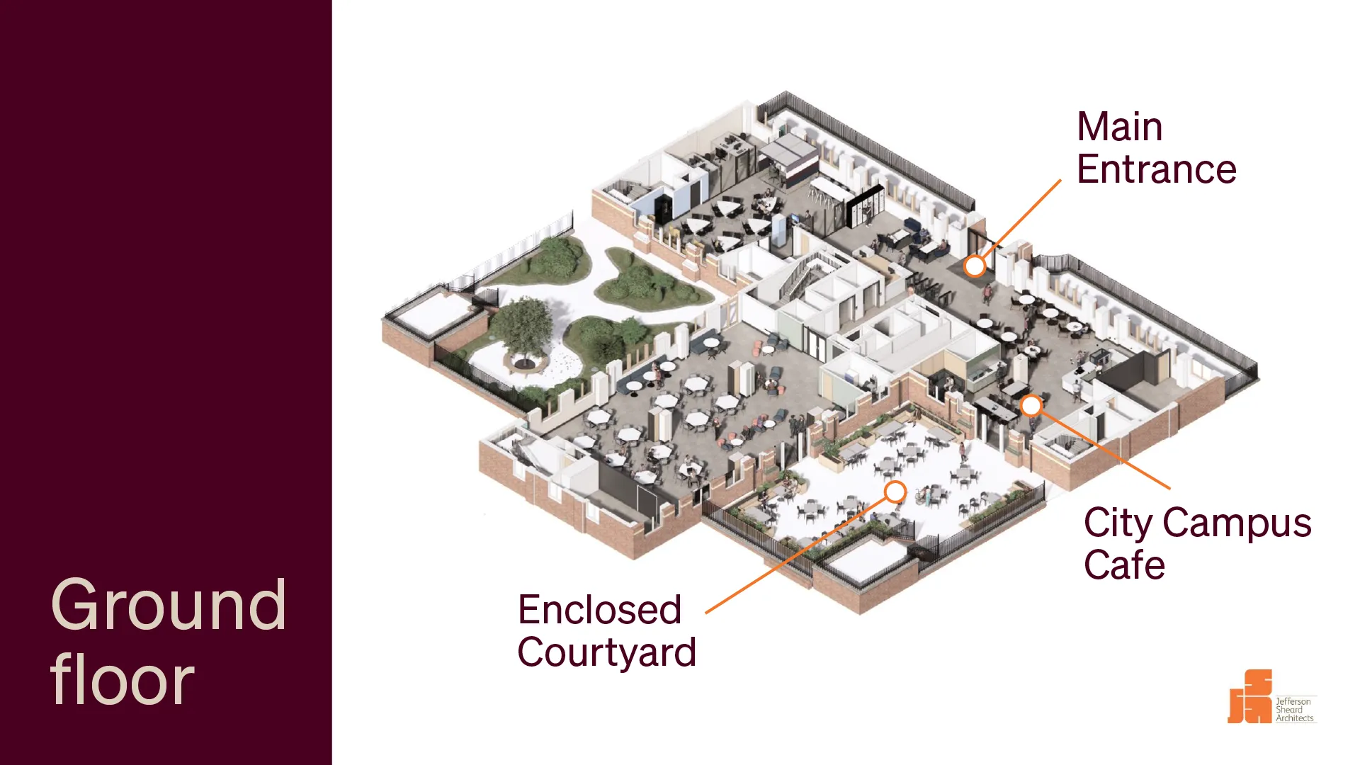 Digital mock up of the ground-floor layout of the Leeds City Campus with labels showcasing the following in a clockwise direction, Main Entrance, City Campus Café, and Enclosed Courtyard..