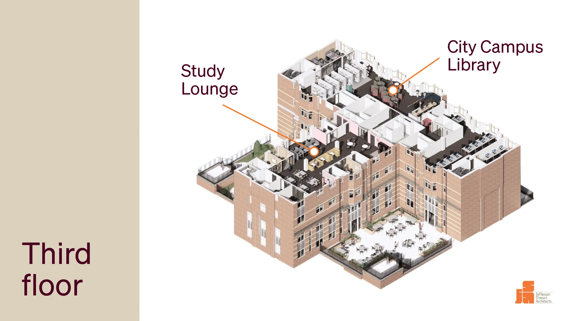 Digital mock up of the third-floor layout of the Leeds City Campus with labels showcasing the study zone on the left and the City Campus Library on the right.