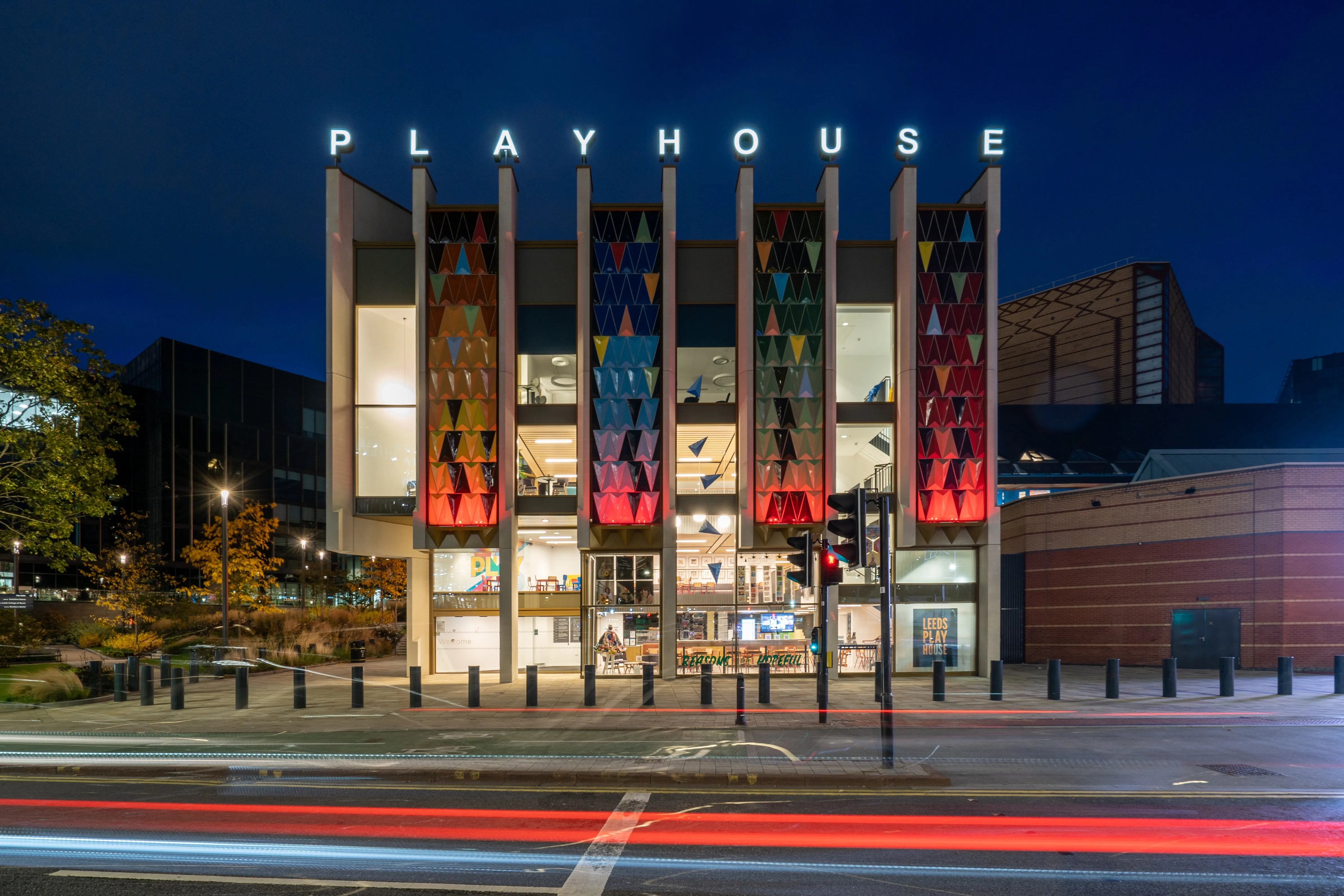 Leeds Playhouse at night.
