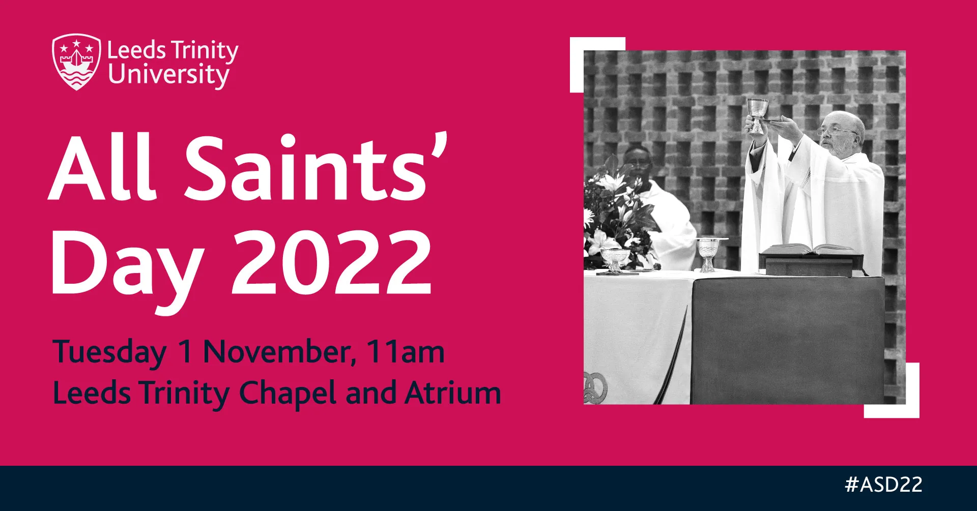 A red, white and black graphic with an image of the Bishop of Leeds - with text saying: Tuesday 1 November, 11am, Leeds Trinity Chapel and Atrium.