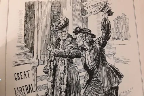 Sketch of two suffragettes stood outside a polling station .