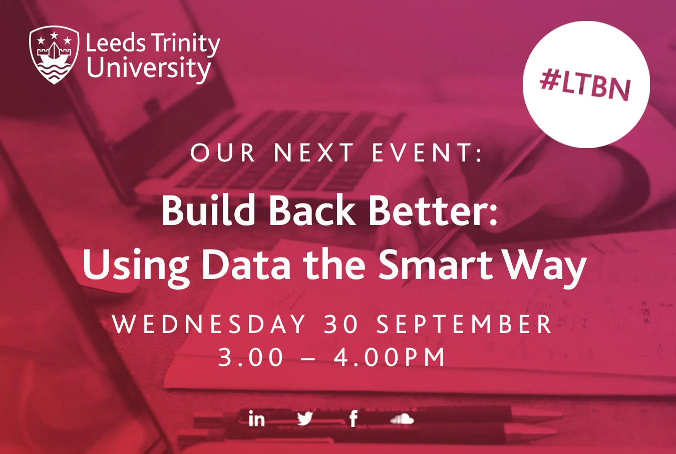 Build Back Better: using Data the Smart Way Wednesday 30 September on a light purple background with social media icons.