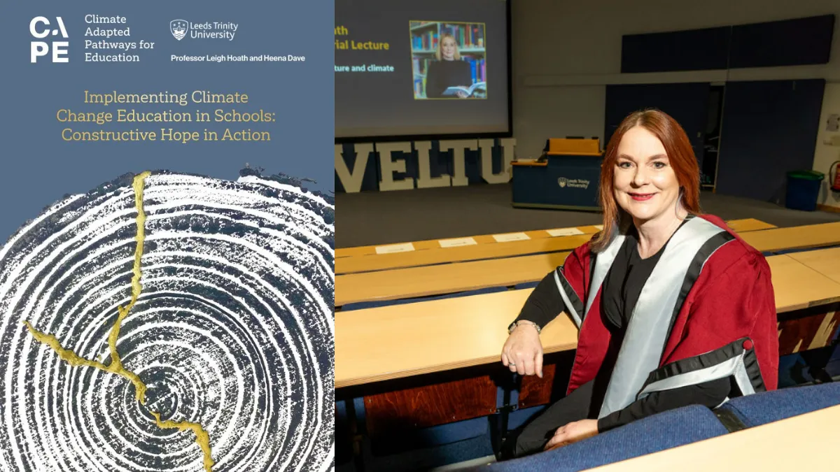 A collage showing the cover of a new Climate Change Education report and a photo of Professor Leigh Hoath wearing an academic gown and sitting in a lecture theatre..