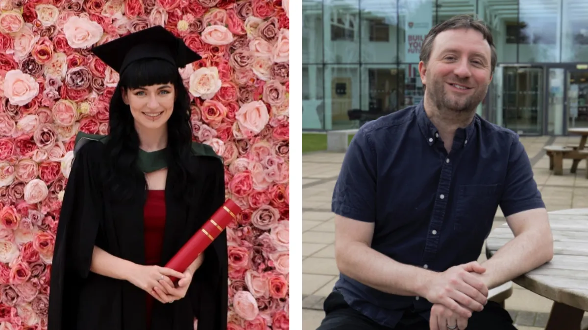 A collage showing a student on her graduation day against a flower wall and a lecturer smiling in front of Leeds Trinity University..