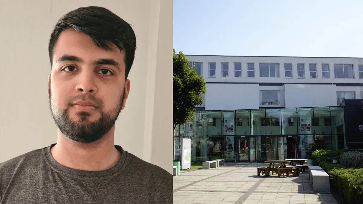 A collage showing a man with dark hair and beard on the left and the Leeds Trinity University reception building on the right..
