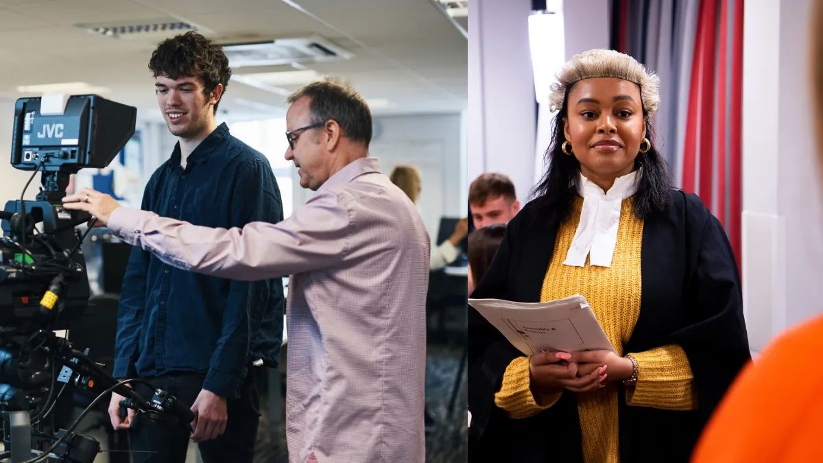 A collage showing a Journalism student and lecturer working with a camera on the left and a Law student in legal attire on the right..