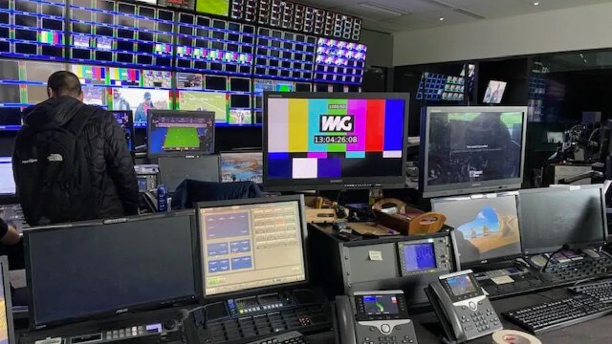 A range of TV monitors, one with the logo of IMG.