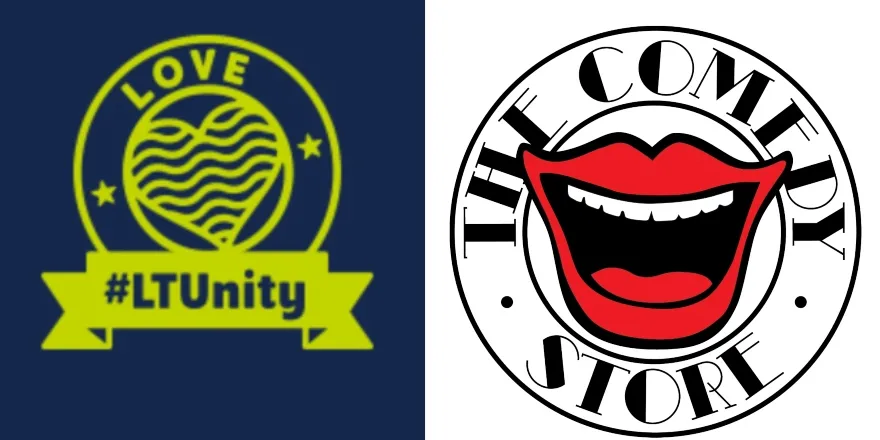 From left to right: LTUnity blue and lime green logo and The Comedy Store Logo with red mouth.