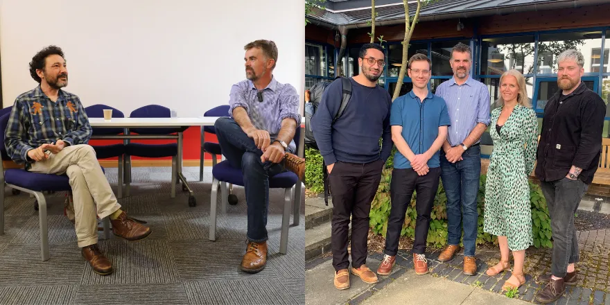 Two pictures next to each other, left showing two men sat chatting in front of white screen, second panel of five male and females stood outside in front of window.