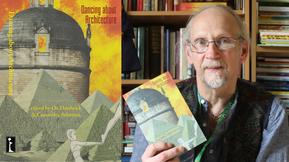 A collage showing the cover of a new poetry anthology on the left and Professor Oz Hardwick holding the book on the right..