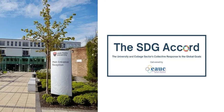 The Leeds Trinity entrance on the left side, showing trees and the pathway to reception, next to the SDG Accord logo on the right..
