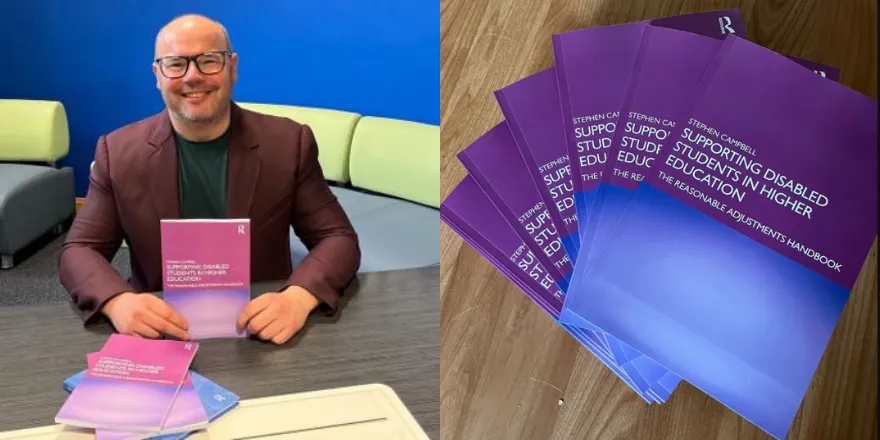 A man wearing glasses sits at a table holding a book. Next to him, a close up version of the purple and blue front cover of the book..
